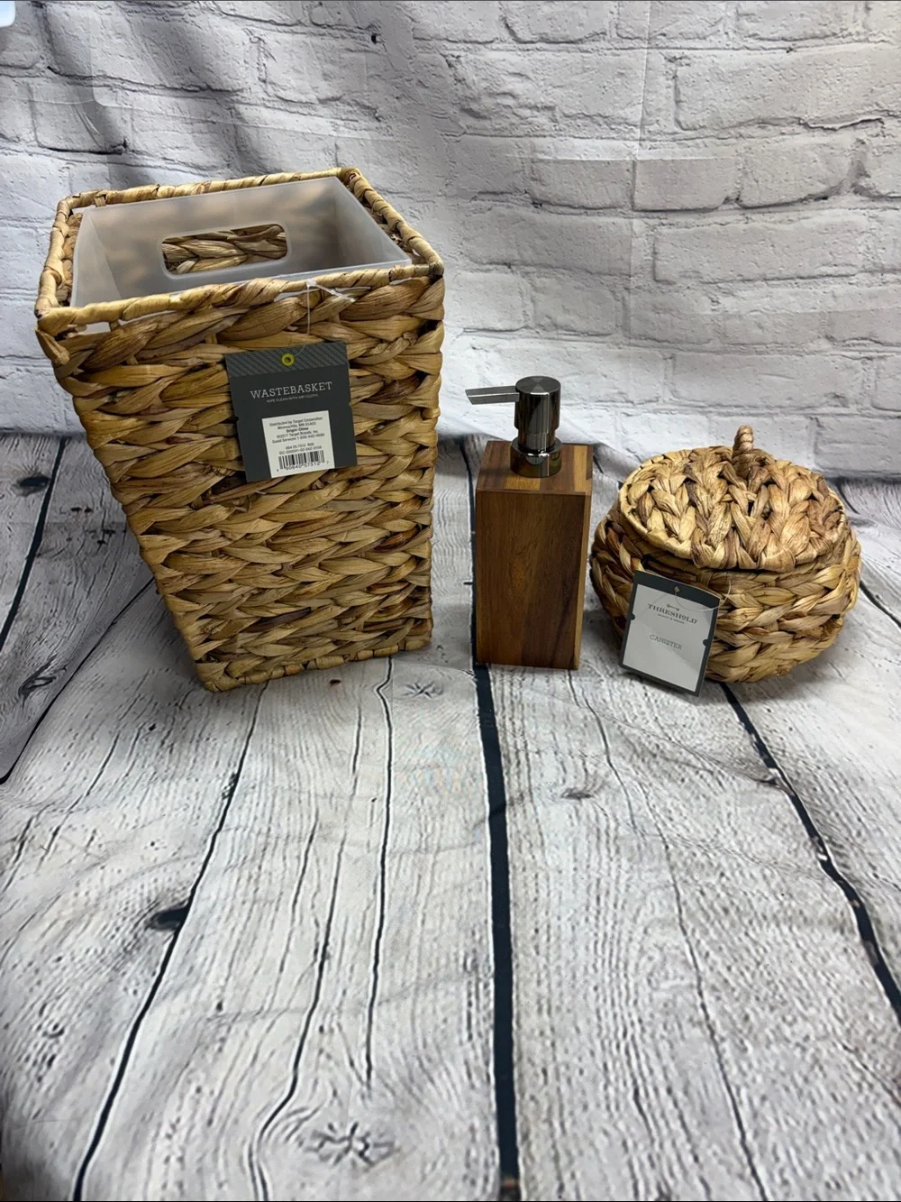 Woven Natural Bathroom Set with Wood-Look Soap Dispenser - Waste Basket